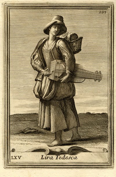 Mujer tocando la rueda antigua (o "Lira tedesca" o "ghironda"). En el "Gabinetto Armonico" de Filippo Bonanni, Roma. de Unbekannter Künstler