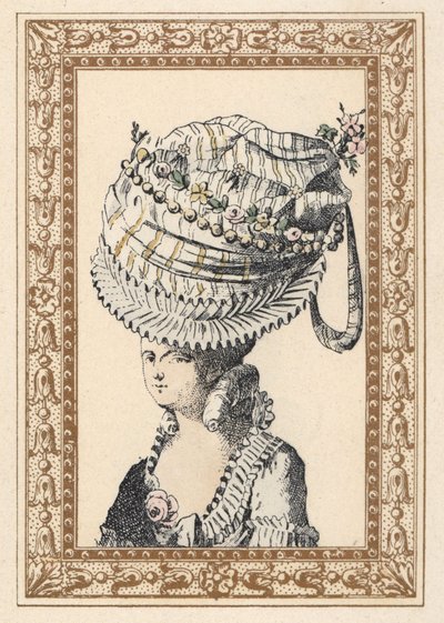 Mujer con un enorme sombrero llamado la Felicidad del Siglo. Litografía coloreada a mano por de Laubadere, de la obra de Octave Uzane Peinados con estilo o galas excéntricas de la época del rey Luis XVI, Hairstyles de Style, La Parure Eccentric, Rouveyre,  de Unbekannter Künstler