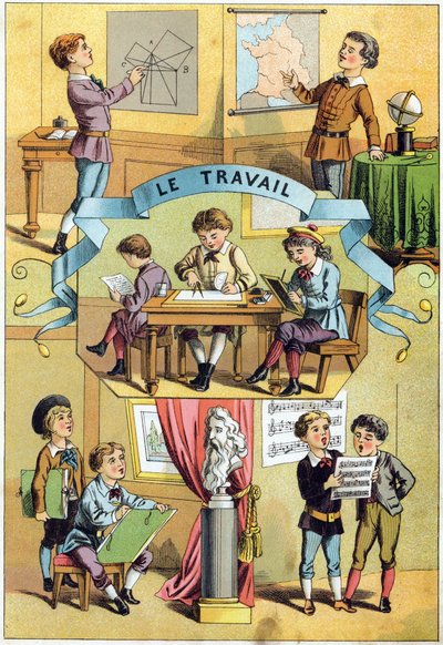 Trabajo en el aula. Grabado en "Alfabeto de los pequeños escolares". Imágenes de Epinal, circa 1885. Colección Privada de Unbekannt