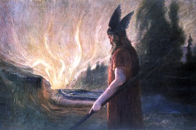 Wotan delante de la hoguera Brunnhild, principios del siglo XX (tarjeta postal) de Unbekannter Künstler
