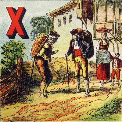 X: Jerez. Ciudad de España famosa por su vino - Grabado extraído de Alfabeto geográfico. Guerin-Muller et Cie, editores, París de Unbekannt