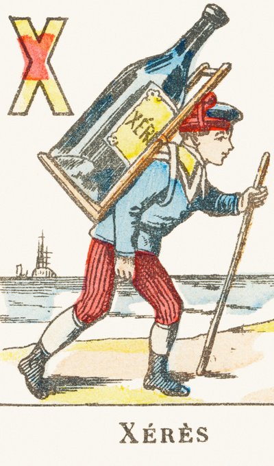 X: Jerez, un niño sostiene una gran botella de vino en su espalda - Alfabeto de los juegos, circa 1890 (grabado) de Unbekannt