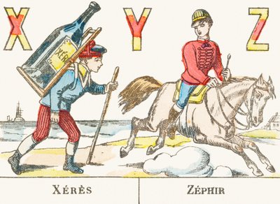 X Y Z: Jerez, Zéfiro - un niño sostiene una gran botella de vino en su espalda y un jinete galopa en su caballo llamado Zéfiro - Alfabeto de los juegos, circa 1890 (grabado) de Unbekannt