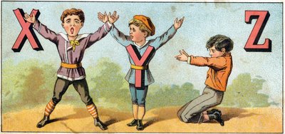 Letras X Y y Z imitadas por la posición del cuerpo. Grabado en Alfabeto de los pequeños escolares. Imágenes de Epinal, circa 1885. Colección privada de Unbekannt
