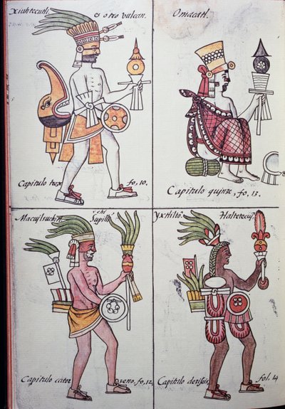Xiuhtecuhtli, Omacatl, Macuilxochitl, Ixtlilton, página del Códice Florentino, versión en español y náhuatl, Historia General de las Cosas de la Nueva España (Historia general de las cosas de Nueva España), azteca de Benjamin Baud
