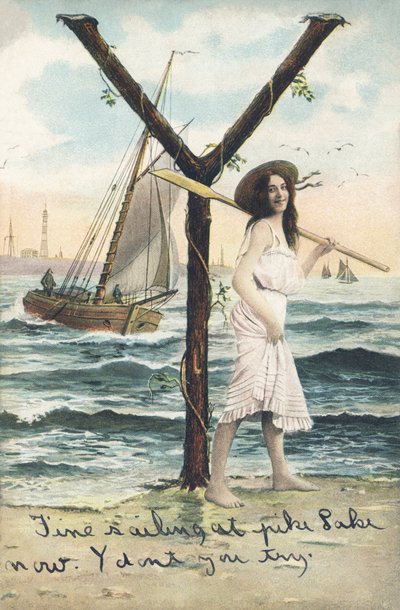 Y: Una mujer descalza, vestida con un vestido corto sin mangas, sostiene un remo sobre su hombro izquierdo. Decoración marina - Alfabeto personajes Ref Th. E., L. Theochrom - Serie 994. Theodor Eisman, editor, Leipzig de Unbekannt