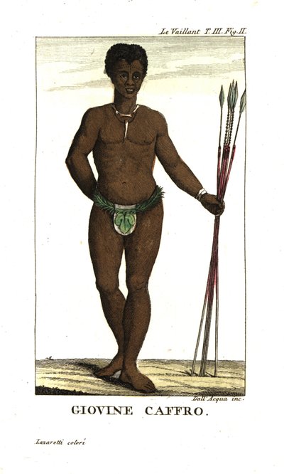 Joven san con lanzas, Sudáfrica. De Francois Le Vaillant (Levaillant de Unbekannter Künstler