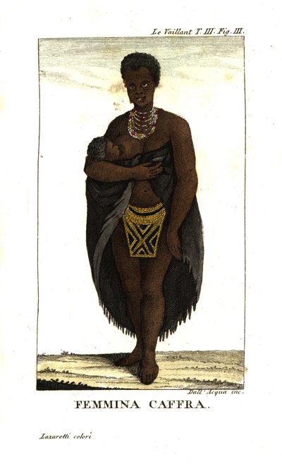 Joven san amamantando a su hijo, Sudáfrica. Lleva capa, collares y falda de cuentas. De Francois Le Vaillant (Levaillant de Unbekannter Künstler