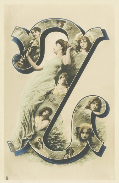 Z: foto-retrato de mujer en un largo vestido azul, varios bustos de mujeres en la letra - Retratos alfabéticos de mujeres. A. L. editor de Unbekannt