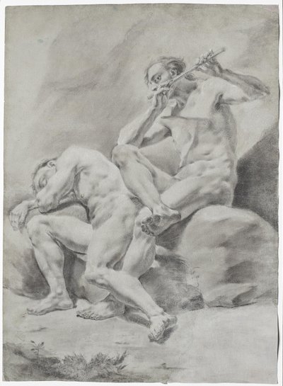 Dos hombres desnudos, durmiendo y tocando la flauta de Unbekannter Künstler