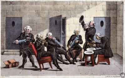 aficionados tocando una courante, caricatura francesa contra los médicos (sosteniendo jeringuillas y orinales como instrumentos musicales) y el purgante en el siglo XVIII, grabado de Elgelmann, c. 1830 de Unbekannter Künstler