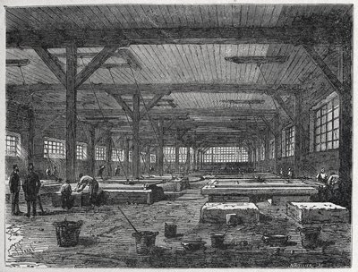 fábrica de vidrio : fabricación de un espejo, c.1880 (grabado) de Unbekannter Künstler