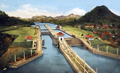 la esclusa de Pedro Miguel en el Canal de Panamá, postal c1920 de Unbekannter Künstler
