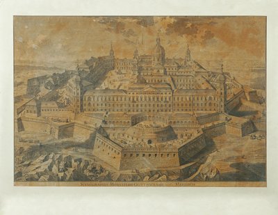 Vista ideal de la abadía de Göttweig de Unbekannter Stecher