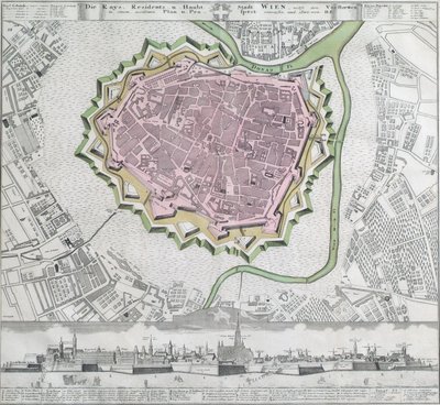 Plano del centro de la ciudad de Viena con las fortificaciones y los suburbios más cercanos de Unbekannter Stecher