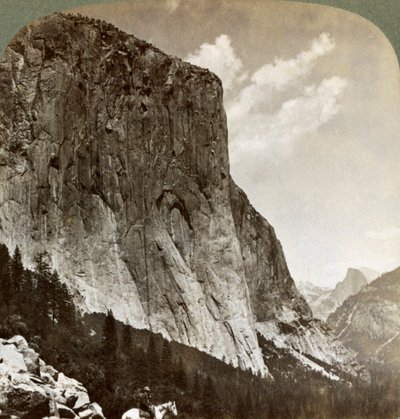 El Capitán y Half Dome, Valle de Yosemite, California, EE.UU. de Underwood and Underwood