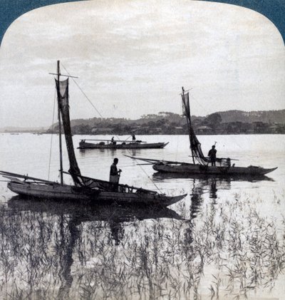 Barcos de pesca regresando al atardecer, cerca de Yokohama, Japón, 1904 de Underwood and Underwood