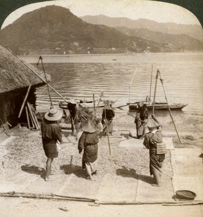 Trillando cebada junto a una playa de pesca en el Mar Interior, Japón, 1904 de Underwood and Underwood