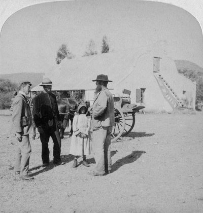 Entrevistando a un granjero bóer en su casa cerca de Brandfort, Sudáfrica, Guerra de los Bóers de Underwood and Underwood