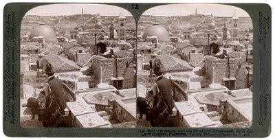 Jerusalén y el Monte de los Olivos, mirando al este desde el Hospicio Latino, Palestina, 1900s de Underwood and Underwood