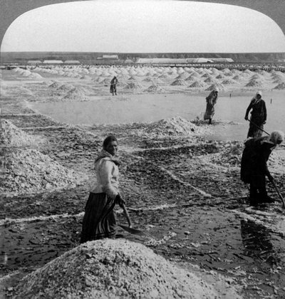 Reservorio después de la evaporación, revelando los campos de sal, Solinen, Rusia de Underwood and Underwood