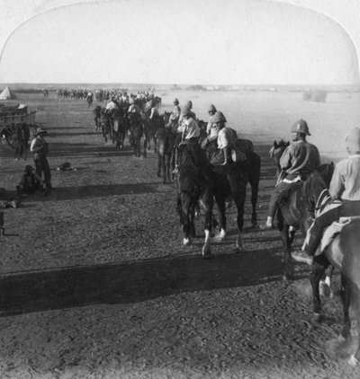 La 38ª batería en el Modder antes de participar en el avance de Roberts, Sudáfrica, Guerra de los Bóers de Underwood and Underwood