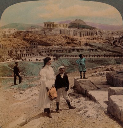 La Acrópolis de Atenas, Lycabettus y el Palacio Real, desde el monumento de Filopappos, 1907 de Underwood and Underwood
