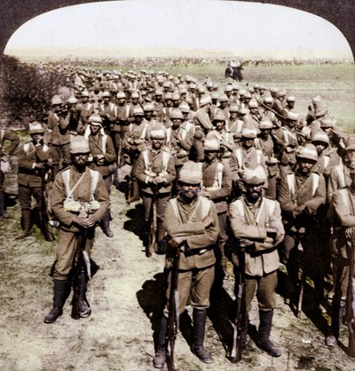 La Brigada de Guardias en marcha hacia Kroonstadt, Sudáfrica, Guerra de los Bóeres, 1900 de Underwood and Underwood