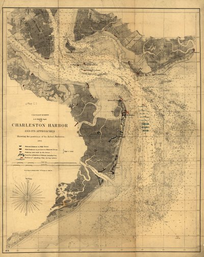El puerto de Charleston y sus accesos mostrando las posiciones de las baterías Rebeldes. LOC 99448827 de United States Coast Survey