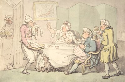 Una pareja en la mesa con sirvientes, siglo XVIII-XIX de Unknown,Unknown.