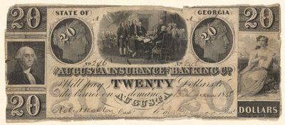 Billete de 20 dólares emitido por Augusta Insurance & Banking Co., Augusta, Georgia en 1858 con grabados de la Declaración de Independencia después de Trumbull, Washington después de Stuart (?) de Unknown