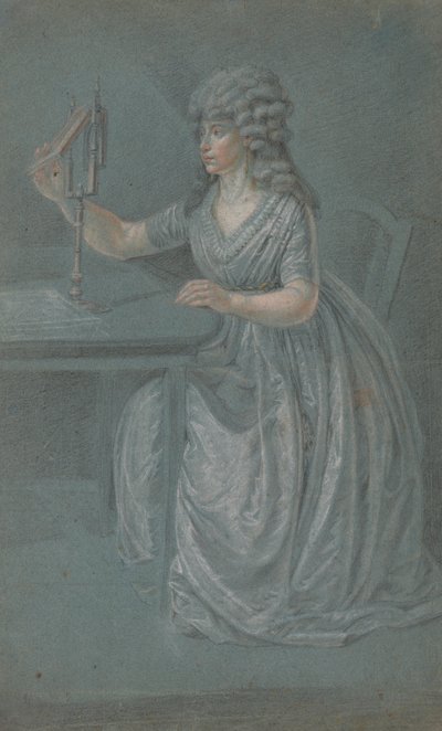 Una mujer sentada sosteniendo un Physiognotrace de Unknown