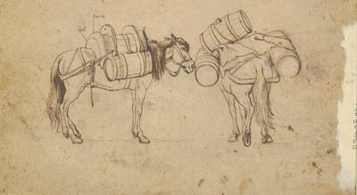 Una vista sobre el Tíber cerca de la Ripa Grande, Roma (anverso); estudio para dos caballos cargando barriles (verso) de Unknown