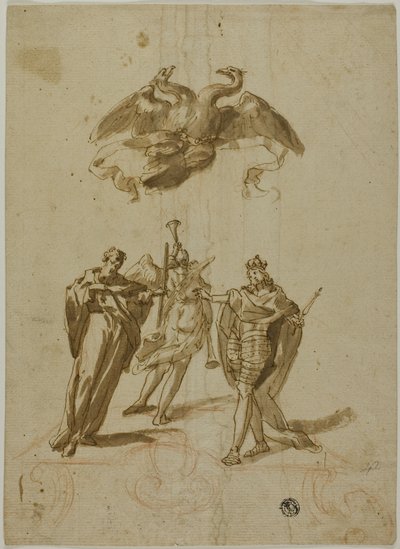 Tema alegórico: Águila imperial de dos cabezas en las nubes; en el suelo, una figura drapeada, un rey y una figura de la fama de Unknown