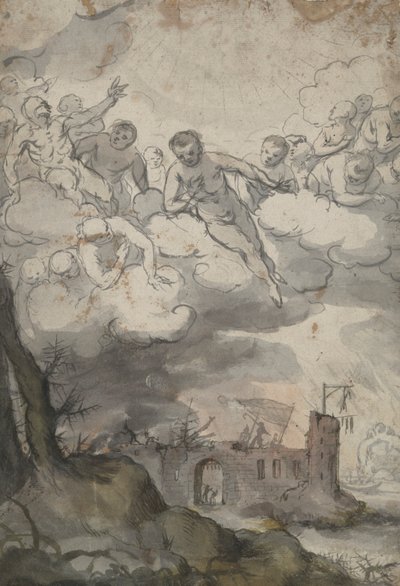 Figuras celestiales sobre un castillo devastado por la Muerte y el Diablo de Unknown