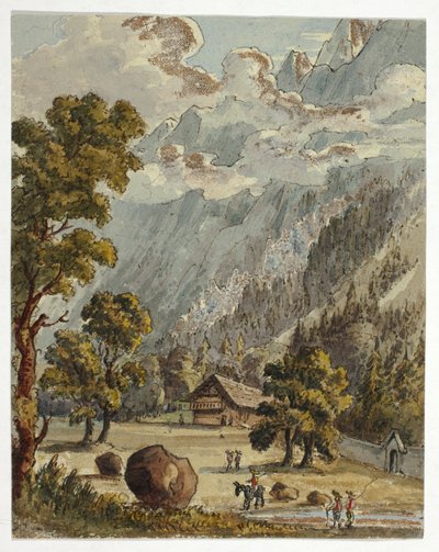 Chalet y jardín bajo los Alpes (anverso); Village  Glacier du Boissons, Chamix (reverso) de Unknown
