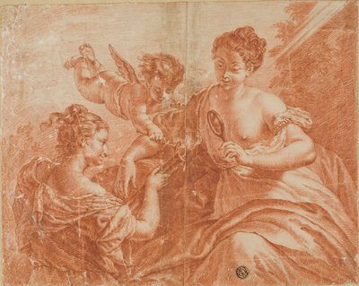 Cupido y dos mujeres encendiendo una antorcha de Unknown