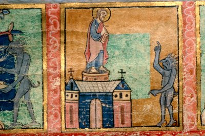 (detalle) de un Salterio, Tentación de Cristo probablemente iluminado en Canterbury, c1140 de Unknown