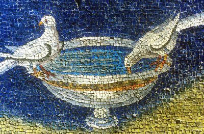 Palomas bebiendo: mosaico en el mausoleo de Galla Placidia en Rávena, Italia, (siglo V, arte cristiano temprano) foto tomada en 1990 de Unknown