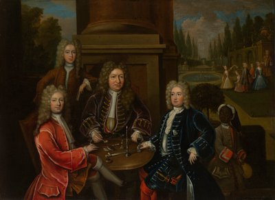 Elihu Yale sentado a la mesa con el segundo duque de Devonshire y Lord James Cavendish de Unknown