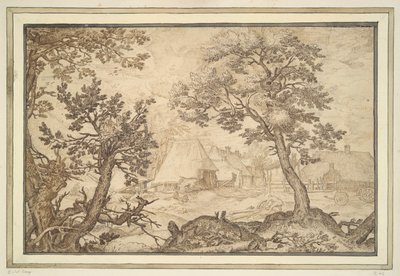 Edificios agrícolas vistos a través de una pantalla de árboles de Unknown