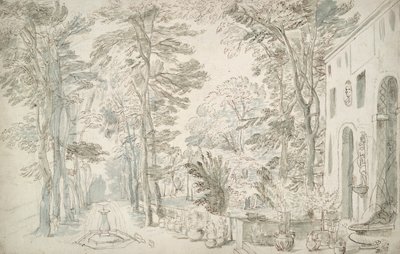 Jardín con Fuentes y Arbustos en Macetas de Unknown
