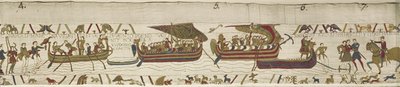 Harold cruza el Canal hacia el territorio de Guy, Conde de Ponthieu, donde es capturado, Tapiz de Bayeux de Unknown