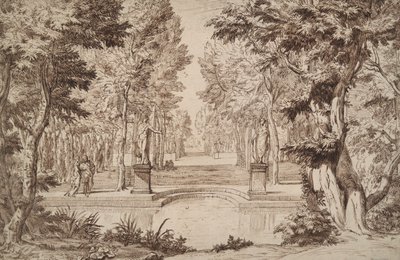 Vista imaginaria de un parque con estatuas y parejas de Unknown