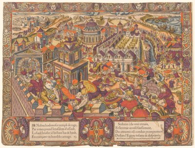 Jerusalem est prise & brulée, le Roy Sedecias a les yeux crevez. Et Jeremie est mene en Babilone. (Jerusalén es tomada y quemada; al rey Seleucis le sacan los ojos. Y Jeremías es llevado a Babilonia. Jeremías 39-43), núm. 6, La historia de Jeremías de Unknown