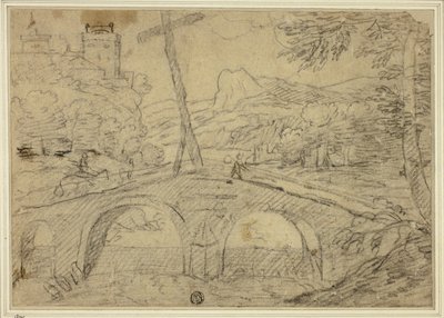 Paisaje con Puente (con Cruz) sobre Garganta, con Montañas y Castillo en la Distancia de Unknown