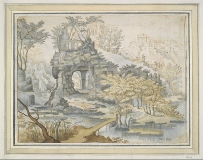 paisaje con edificios en arcada en rocas de Unknown