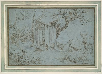 Paisaje con Mercurio acercándose a un pastor (anverso); Cabeza de animal (verso) de Unknown
