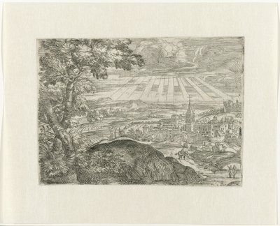 Paisaje con vista a la ciudad y sol radiante. de Unknown