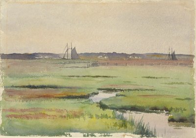 Paisaje pantanoso con barcos de Unknown